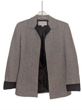 Tahari Black and White Diagonal Pinstripe Open Twill Wool Blazer